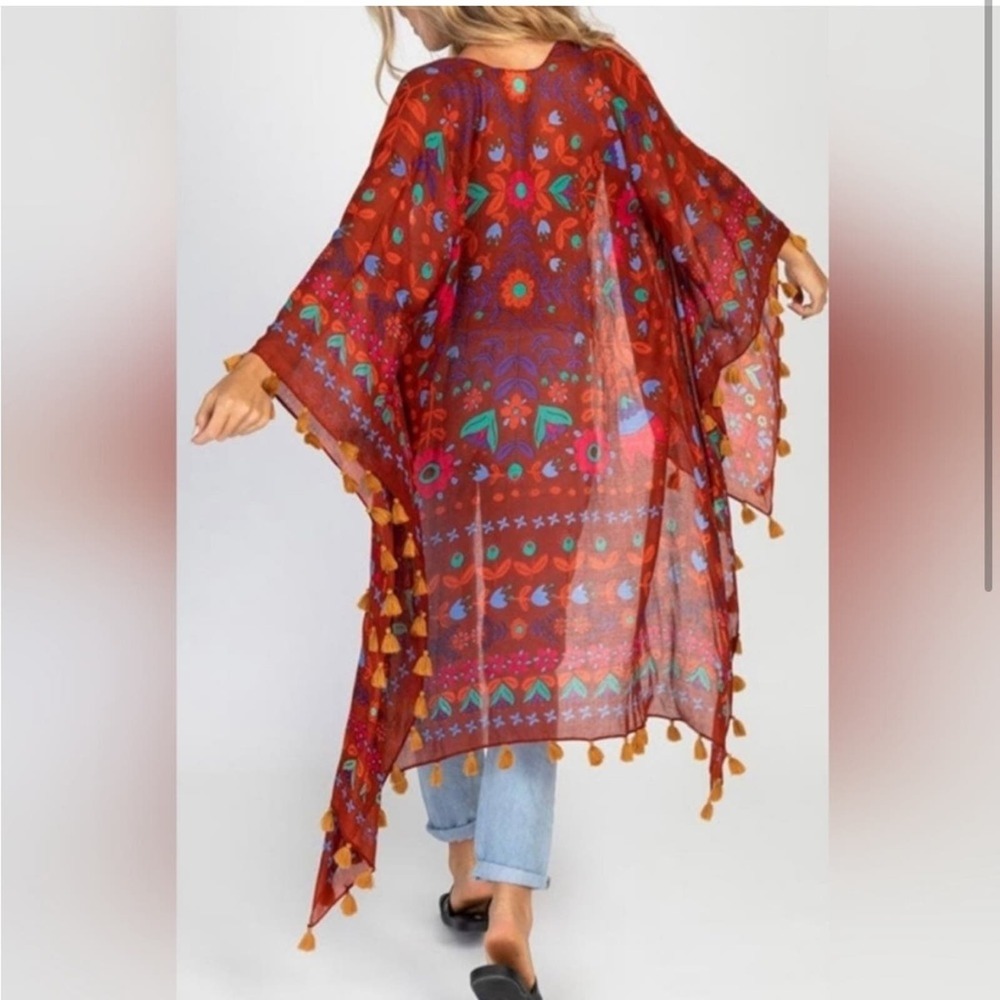 NATURAL LIFE Red Floral Tassel Kimono